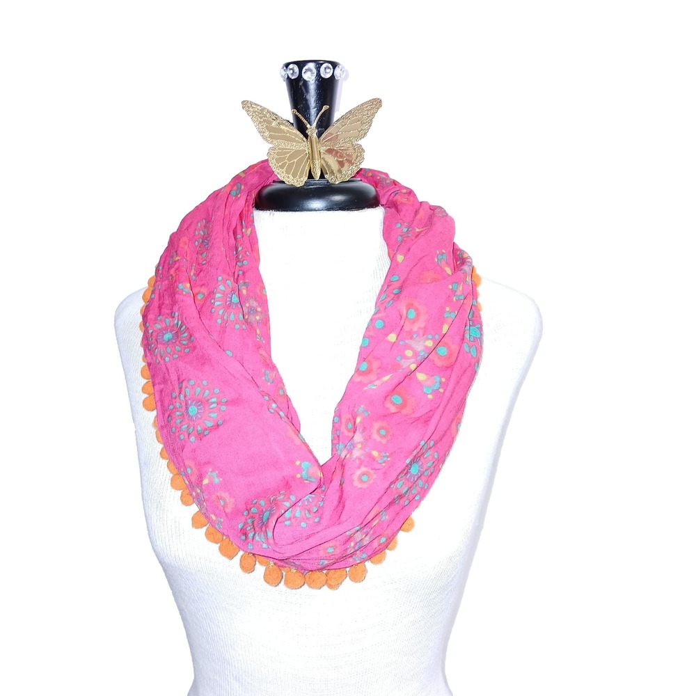 Natural Life Pom Pom Balls Women Infinity Scarf Coral Orange Floral Boho Mandala